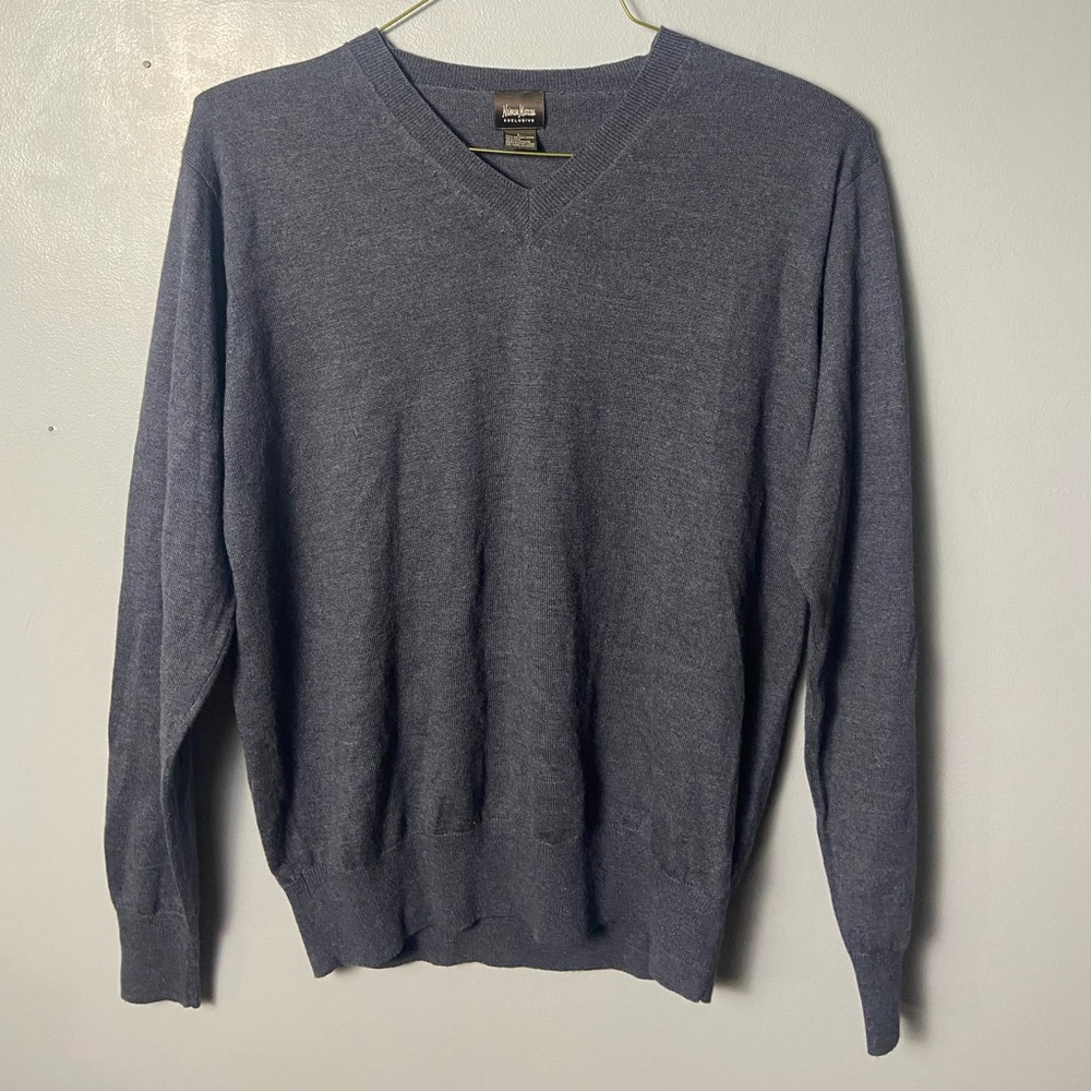 Neiman Marcus Mens L Blue Silk Wool Cashmere Long Sleeve V-Neck Sweater